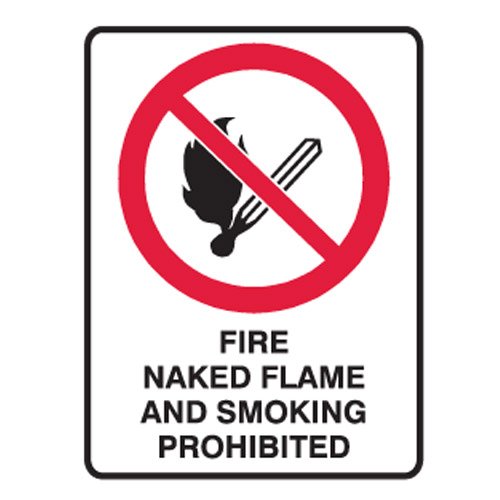 Brady Small Stick On Labels - Fire Naked Flames And Smoking Prohibited, H125mm x W90mm, Self Adhesive Vinyl, White/Red/Black