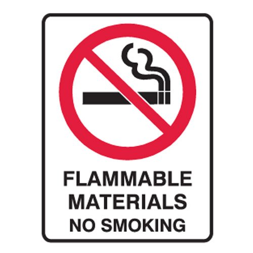 Brady Small Stick On Labels - Flammable Materials No Smoking, H125mm x W90mm, Self Adhesive Vinyl, White/Red/Black
