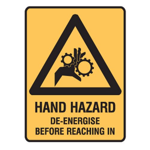 Brady Small Stick On Labels - Hand Hazard De-Energise Before Reaching In, H125mm x W90mm, Self Adhesive Vinyl, Yellow/Black