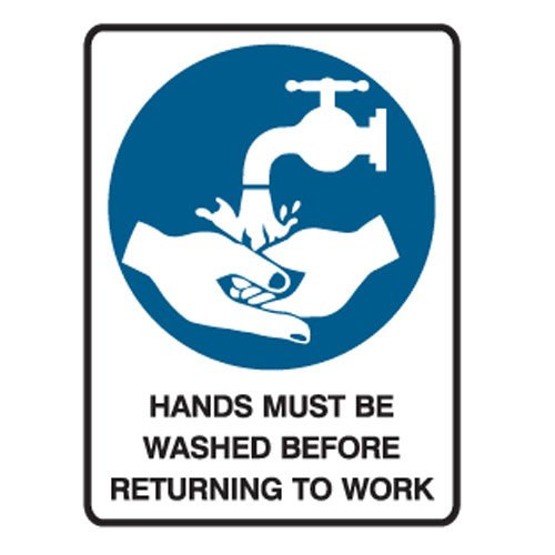 Brady Small Stick On Labels - Hands Must Be Washed Before Returning To Work, H125mm x W90mm, Self Adhesive Vinyl, White/Blue/Black