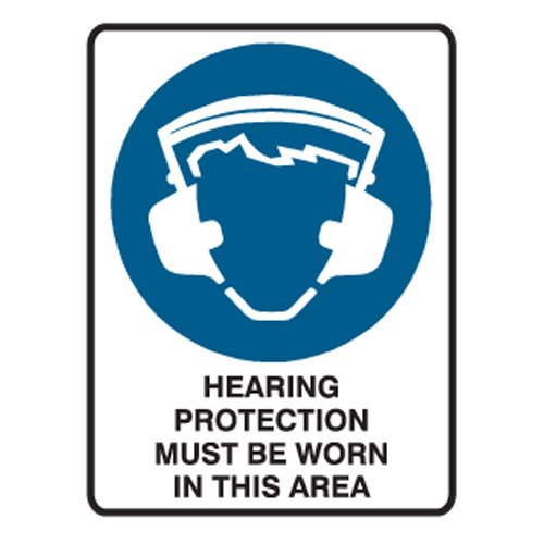 Brady Small Stick On Labels - Hearing Protection Must Be Worn In This Area, H90mm x W55mm, Self Adhesive Vinyl, White/Blue/Black