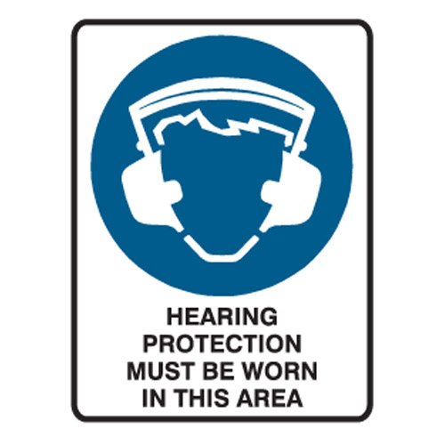 Brady Small Stick On Labels - Hearing Protection Must Be Worn In This Area, H125mm x W90mm, Self Adhesive Vinyl, White/Blue/Black