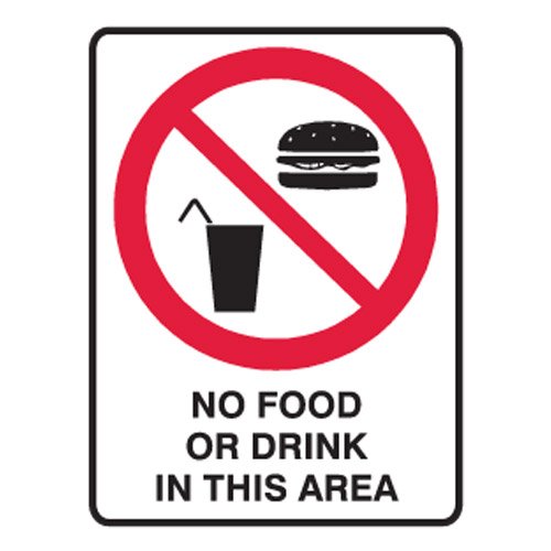 Brady Small Stick On Labels - No Food Or Drink In This Area, H125mm x W90mm, Self Adhesive Vinyl, White/Red/Black