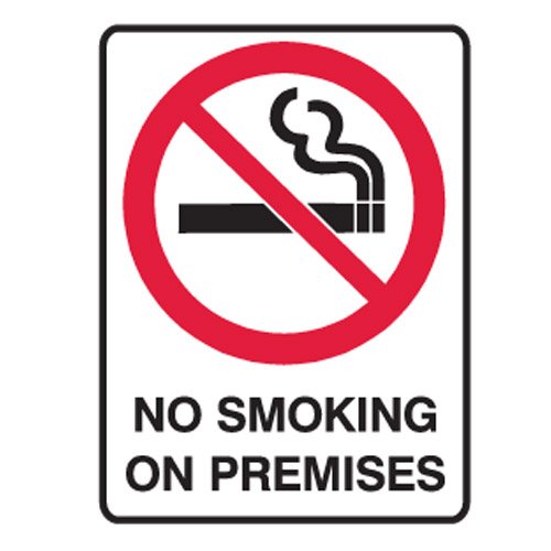 Brady Small Stick On Labels - No Smoking On Premises, H125mm x W90mm, Self Adhesive Vinyl, White/Red/Black