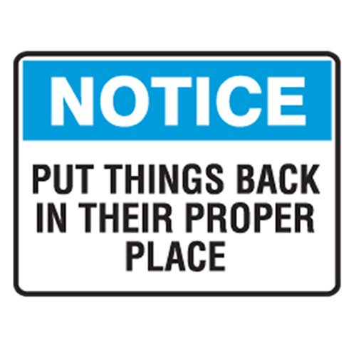 Brady Small Stick On Labels - Notice Put Things Back In Their Place, H90mm x W125mm, Self Adhesive Vinyl, White/Blue/Black