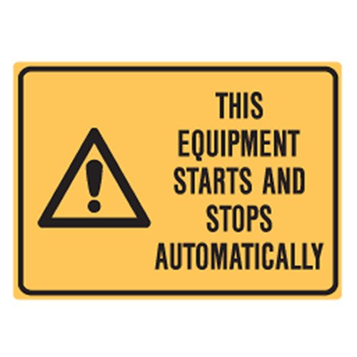 Brady Small Stick On Labels - This Equipment Starts And Stops Automatically, H90mm x W125mm, Self Adhesive Vinyl, Yellow/Black