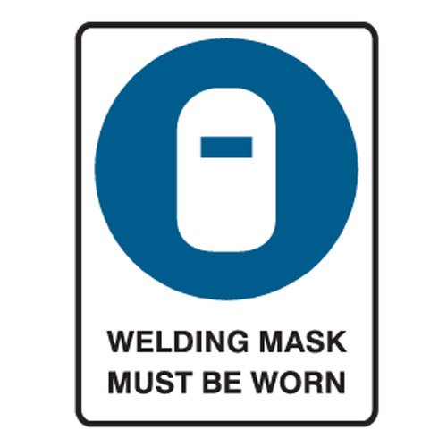 Brady Small Stick On Labels - Welding Mask Must Be Worn, H125mm x W90mm, Self Adhesive Vinyl, White/Blue/Black
