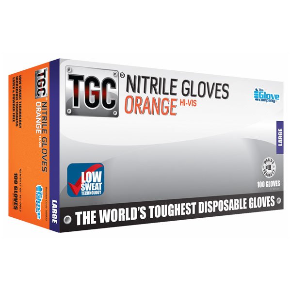 TGC Hi-Vis Orange Nitrile Dispoable Gloves, Box of 100