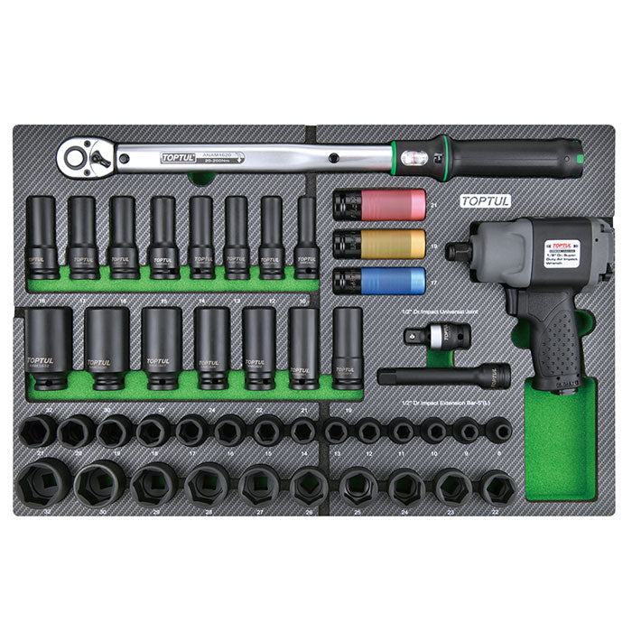 Toptul 46pc 1/2in Dr. Torque Wrench & Air Impact Wrench Socket Set (Modular Insert Tray System)