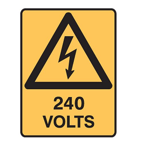 Brady Warning Sign - 240 Volts, H250mm x W180mm, Self Adhesive Vinyl, Yellow/Black