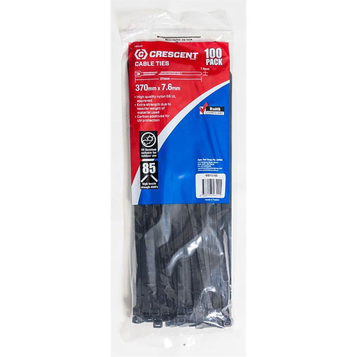 Crescent Cable Ties 370mm x 7.6mm Black Heavy Duty 100Pk